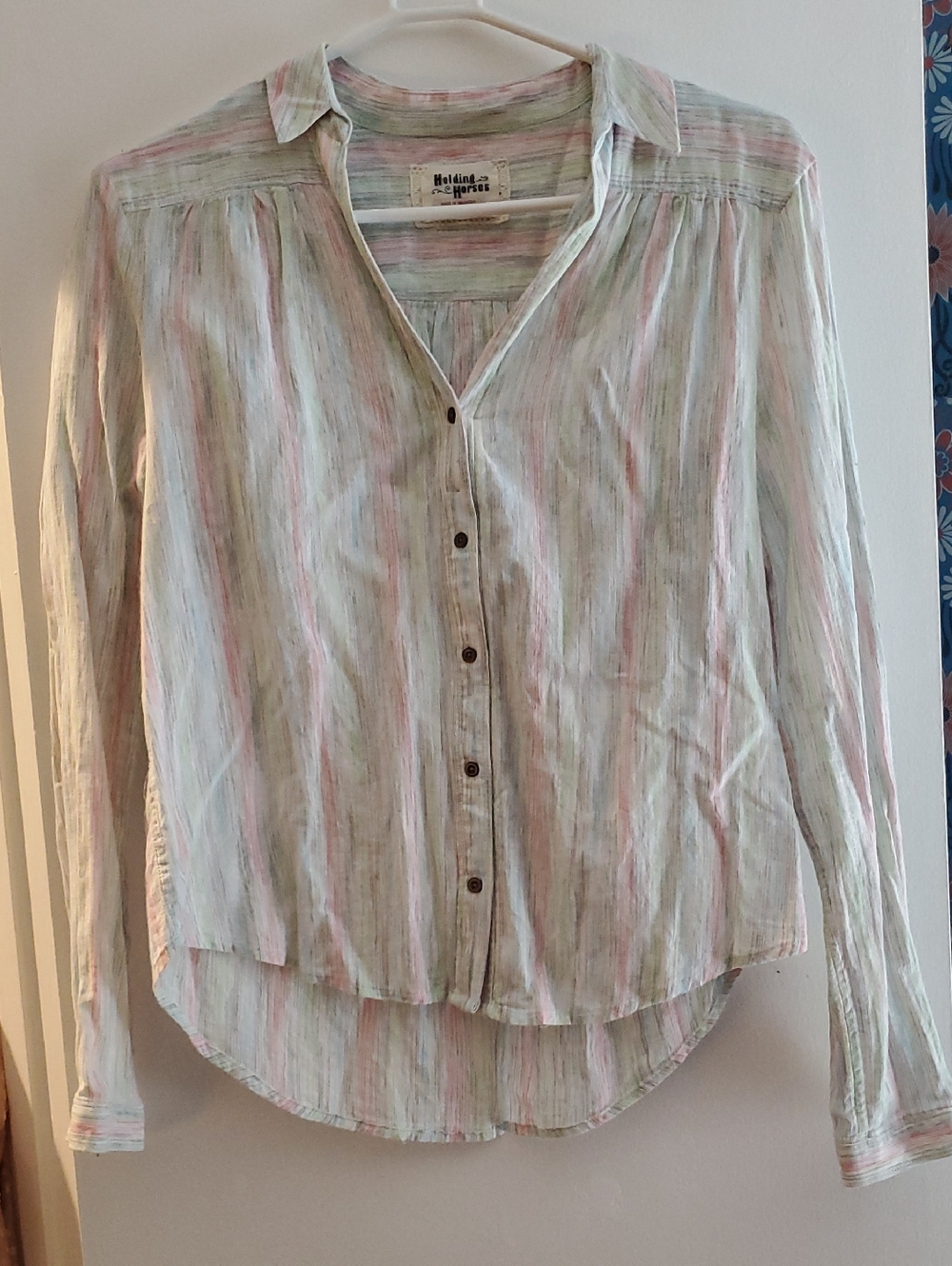 HOLDING HORSES Striped Button-Down Shirt in Mint, Pink & Cream